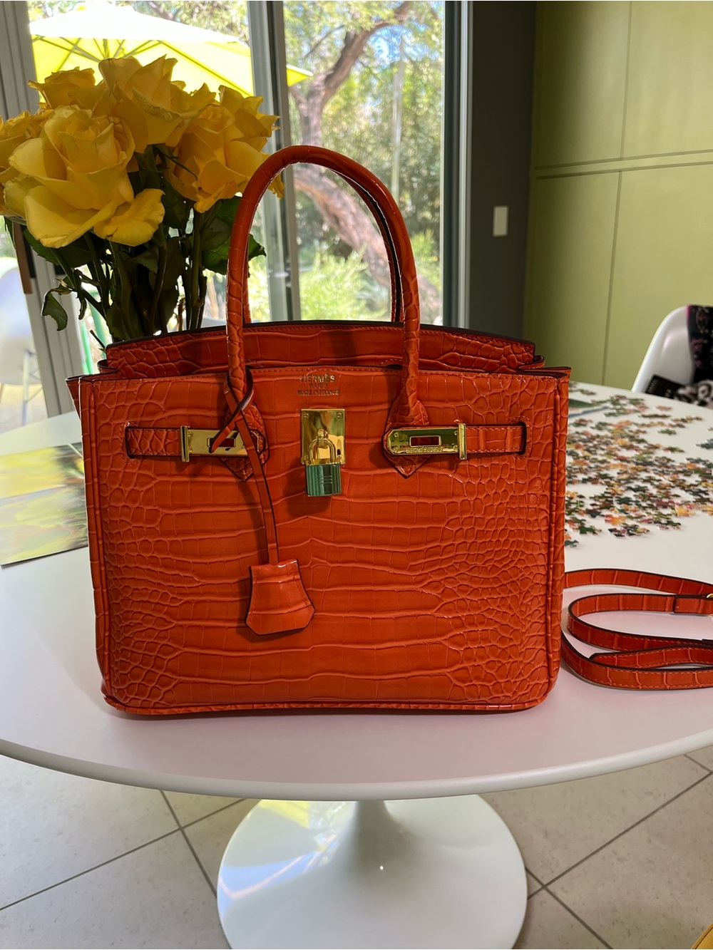 Orange Croc-Embossed Leather Wirkin Tote Bag with Gold Hardware